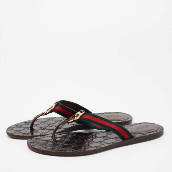 Gucci Shoes - Gucci Women’s Brown Guccismma Leather Canvas GG Thong Web Sandals Flip Flops 38